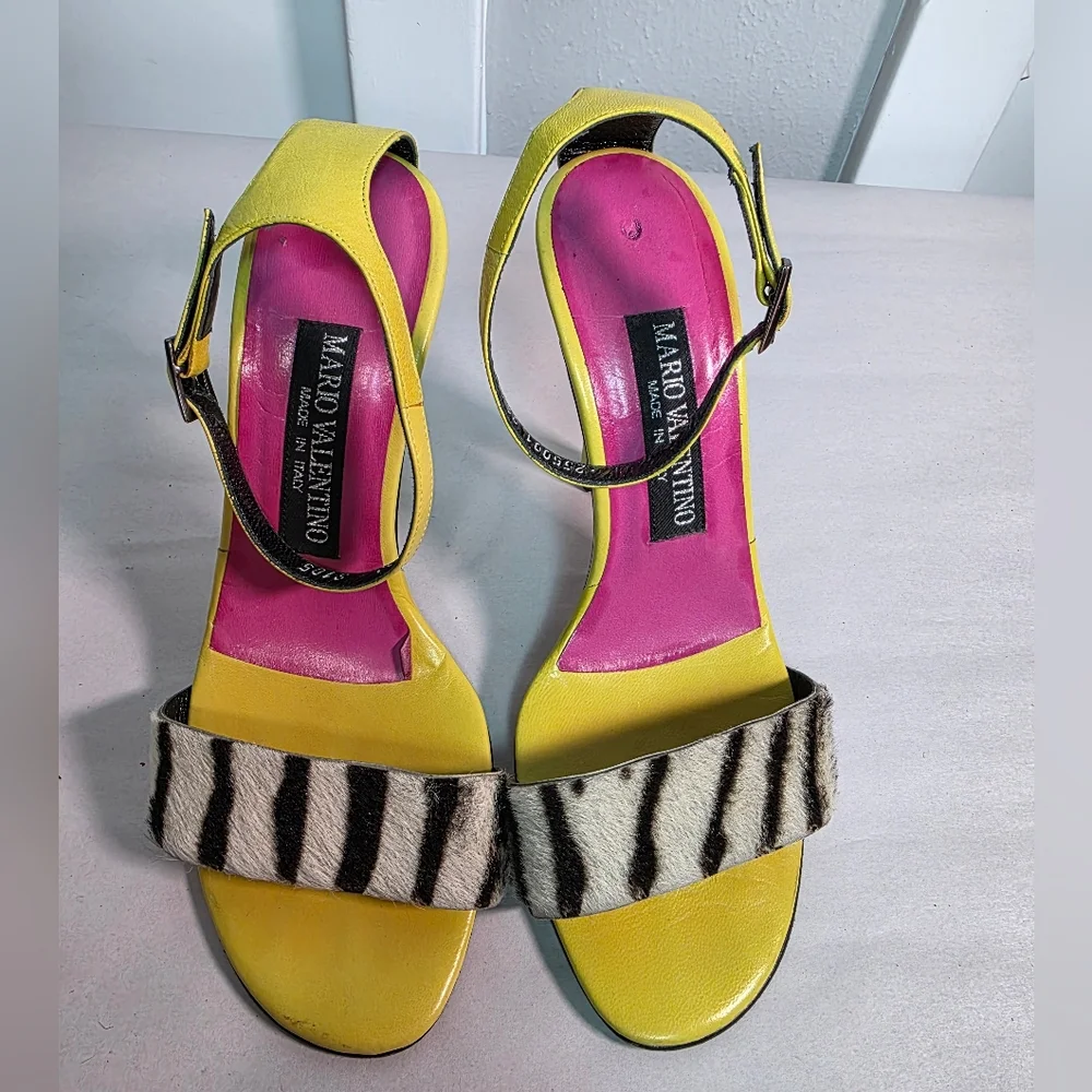 Mario Valentino Italy Zebra Print Calf Hair & Lime Green Leather Heel Sandals